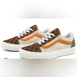 Vans Cream and Brown Checkered Sneakers with Orange Stripe